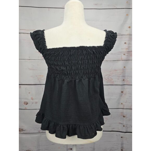 Y2K Deb Shops Black Smocked Off Shoulder Babydoll Swing Top Shirt MEDIUM 2000s - Picture 2 of 4